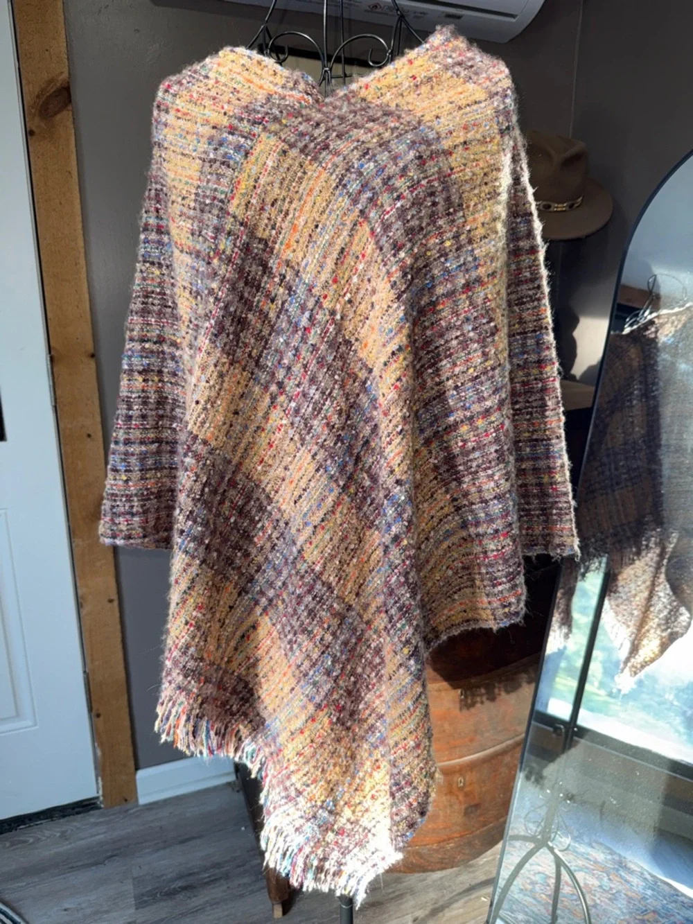 Woven Multi-Color Tan Wrap/ Cape with Fringe